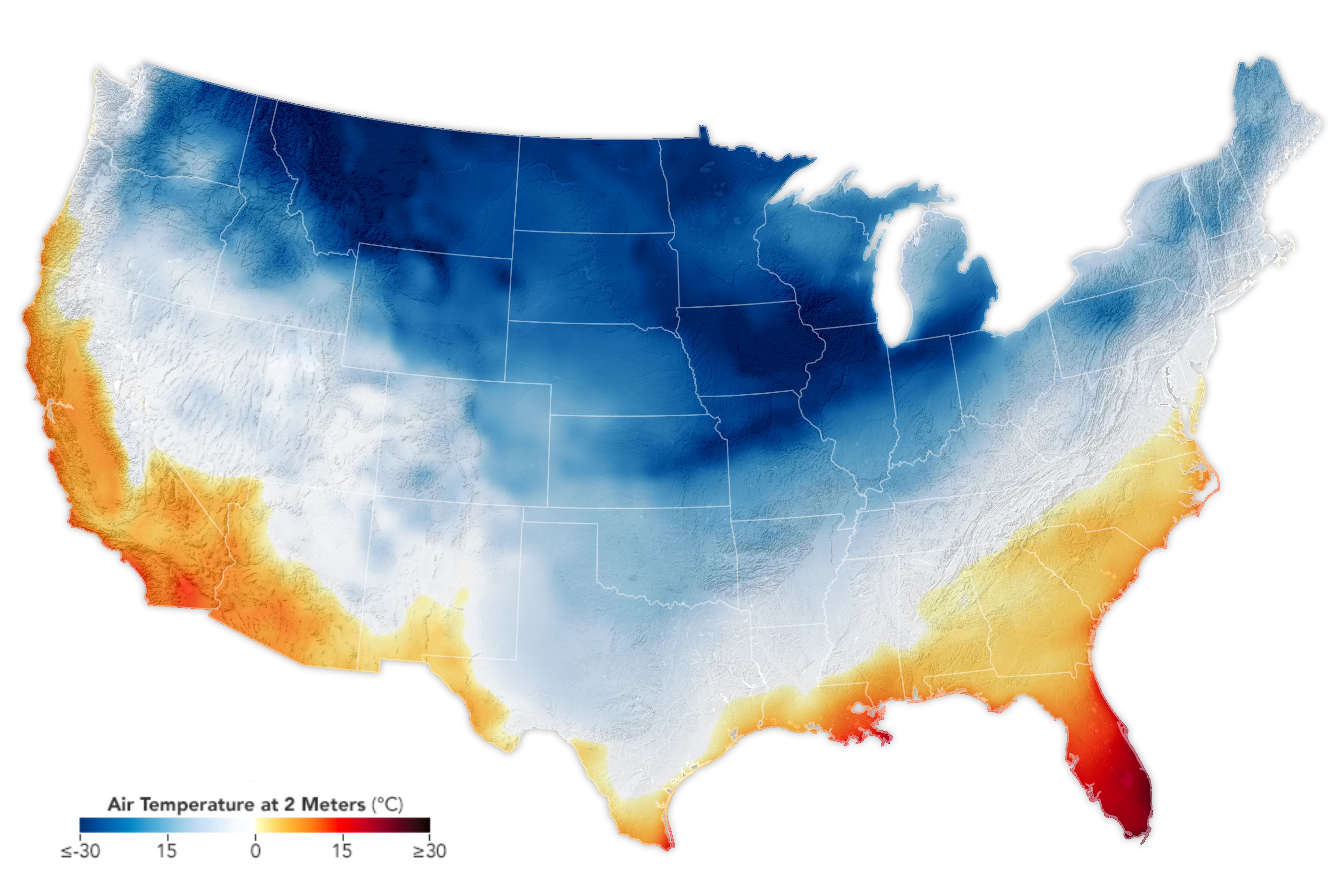 Temperature of colours. Source: NASA Earth Observatory: Arctic Chill Sweeps U.S.