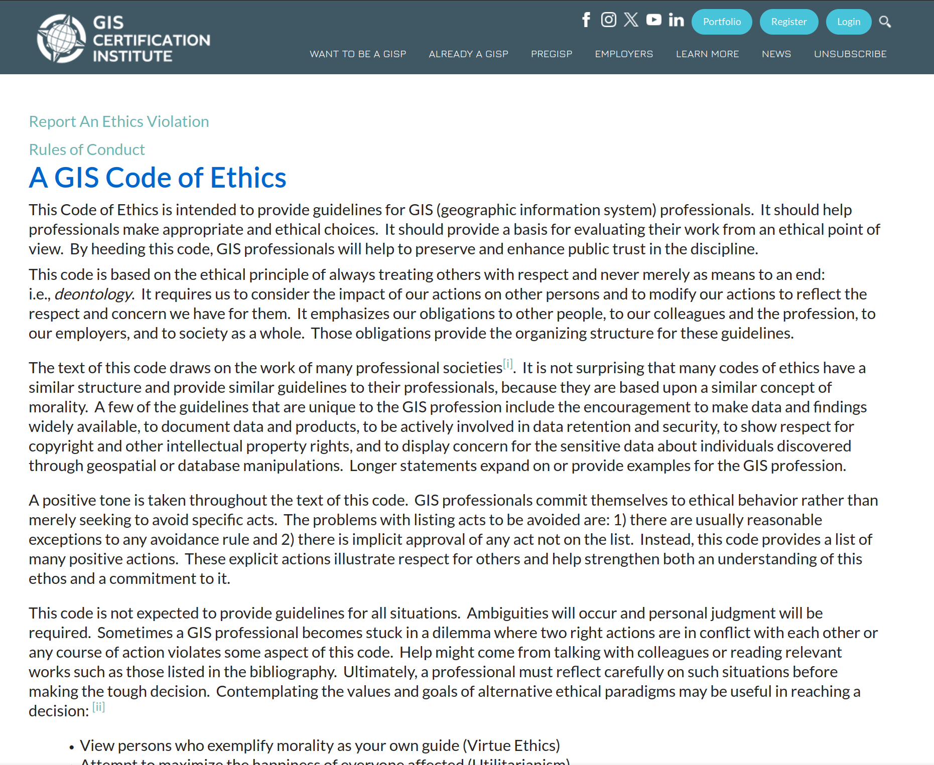 Screenshot of the GIS Code-of-Ethics page.