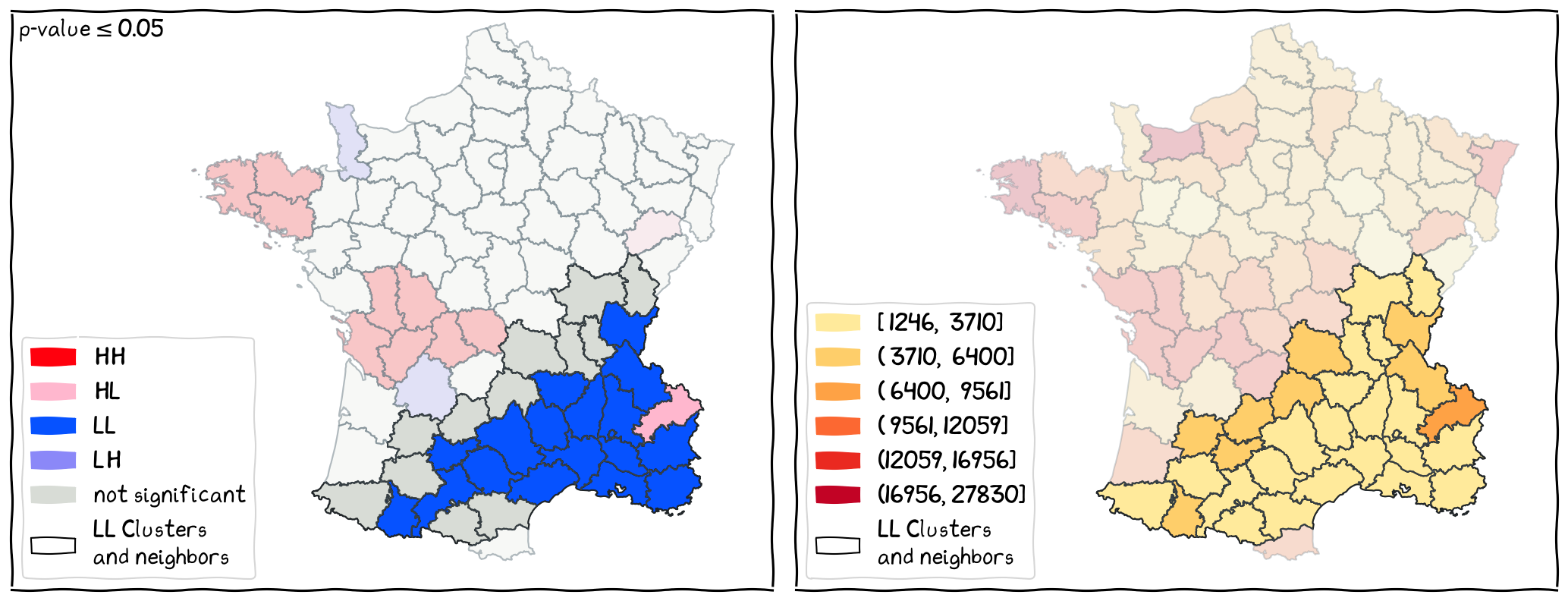 The locations of LL clusters and their neighbors.