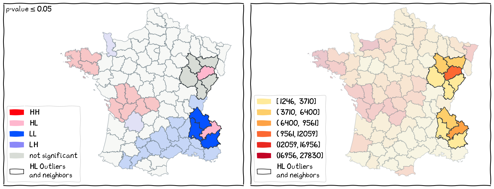 The locations of HL outliers and their neighbors.