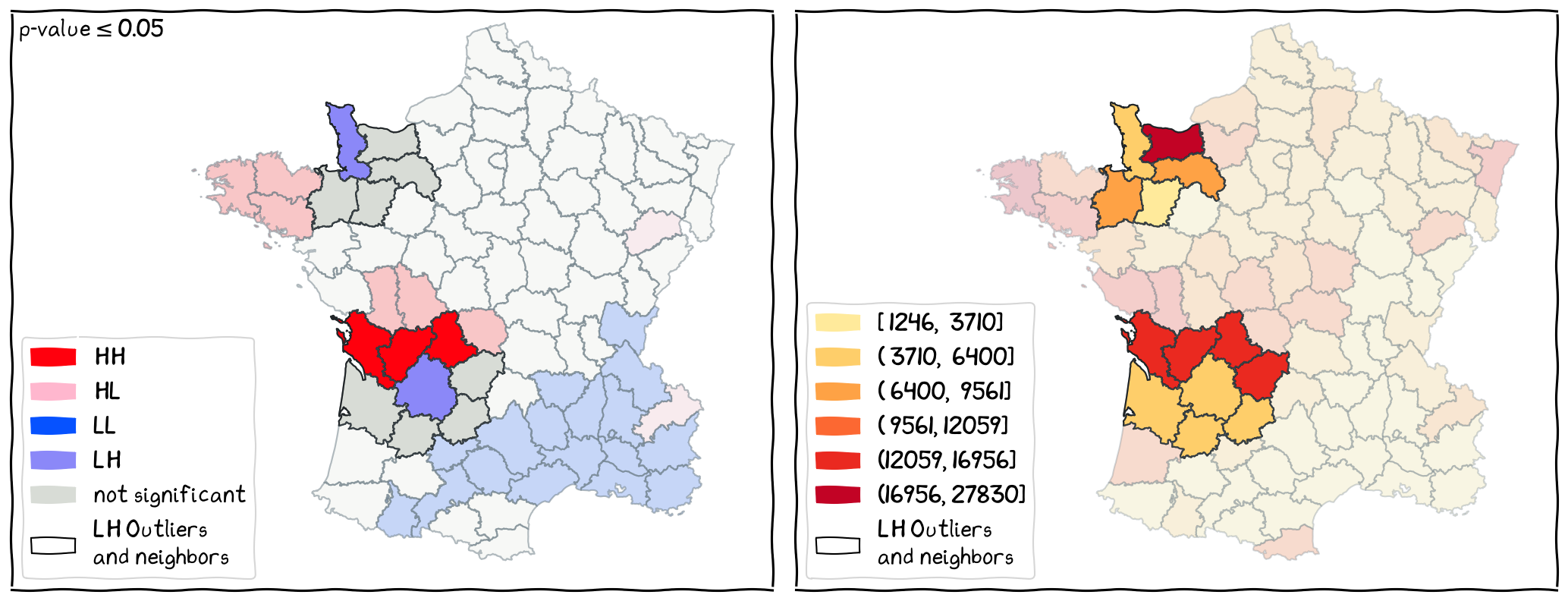 The locations of LH outliers and their neighbors.